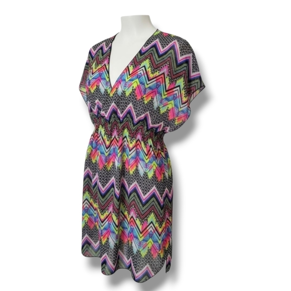 Miken Swim Women’s Multicolor Chevron Deep V-Neck Sleeveless Cover-Up – Size XS - Picture 8 of 9